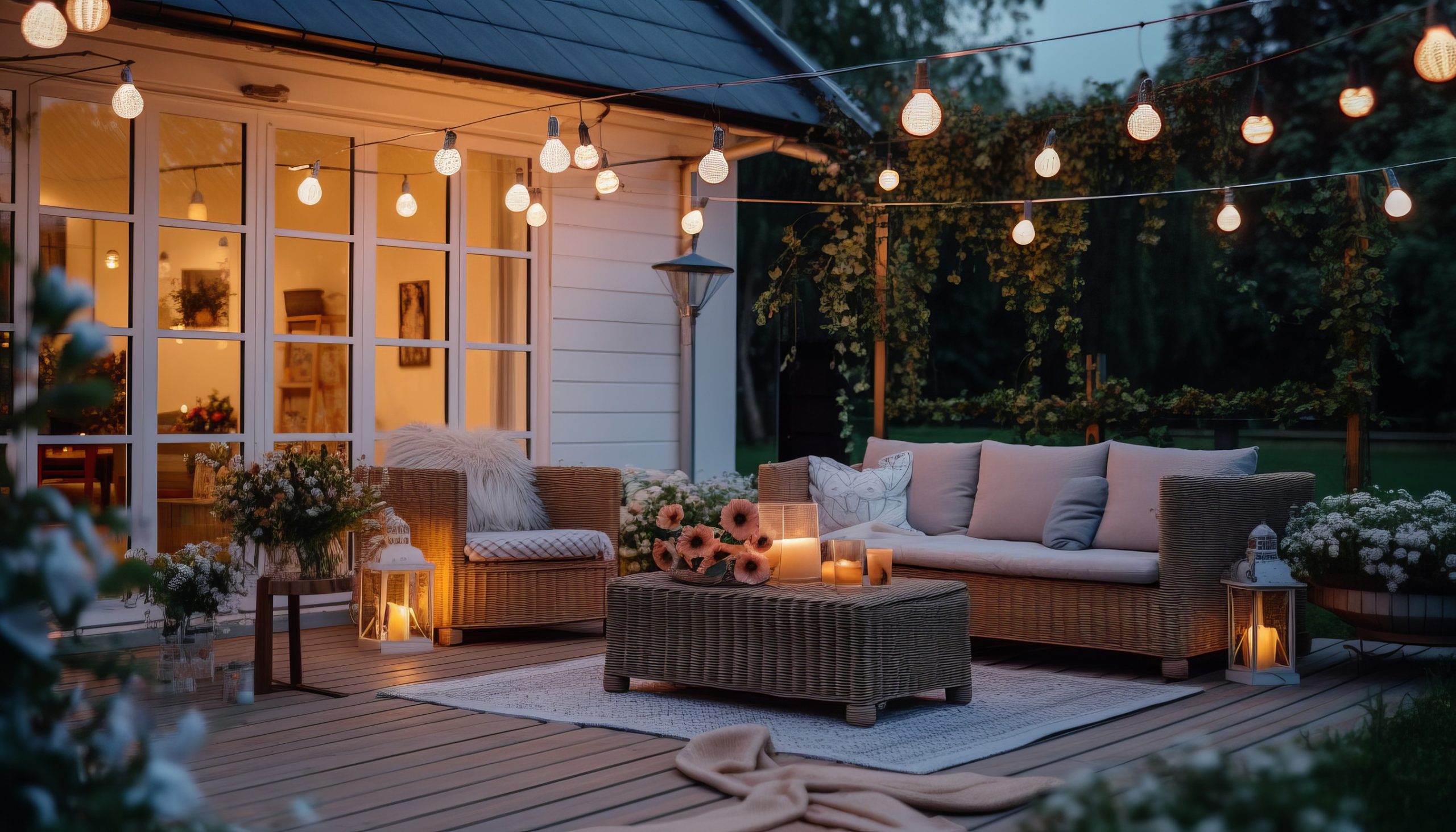 a large wooden deck in the morning sun with pine trees